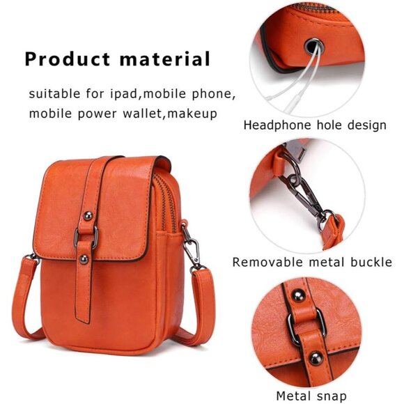 Women's Orange Vintage Cross Body Phone Bag Small Messenger Shoulder Handbag - Picture 4 of 7
